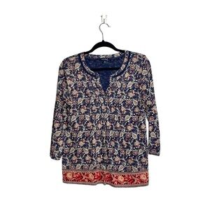 Lucky Brand Navy Blue & Tan Contrast Floral Print Split Neck Top Medium Women’s